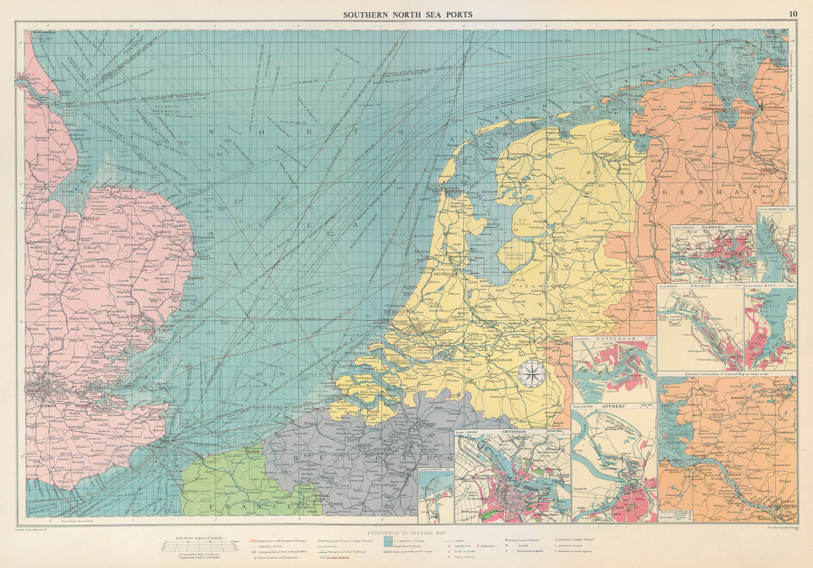 Southern North Sea ports chart. lighthouses mail routes. UK NL. LARGE 1959 map